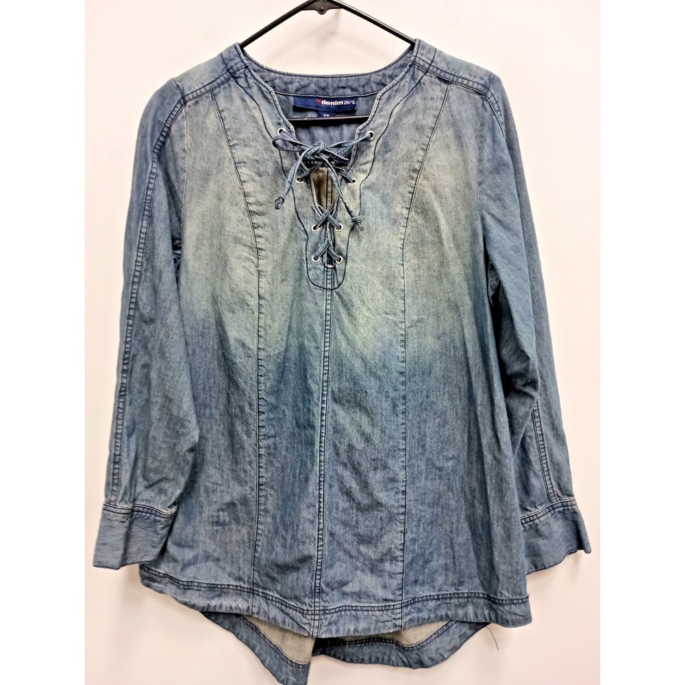 Denim 24/7 BOHO Western Tunic Top‎ Womens Size 14W Blue Chambray Lace Up